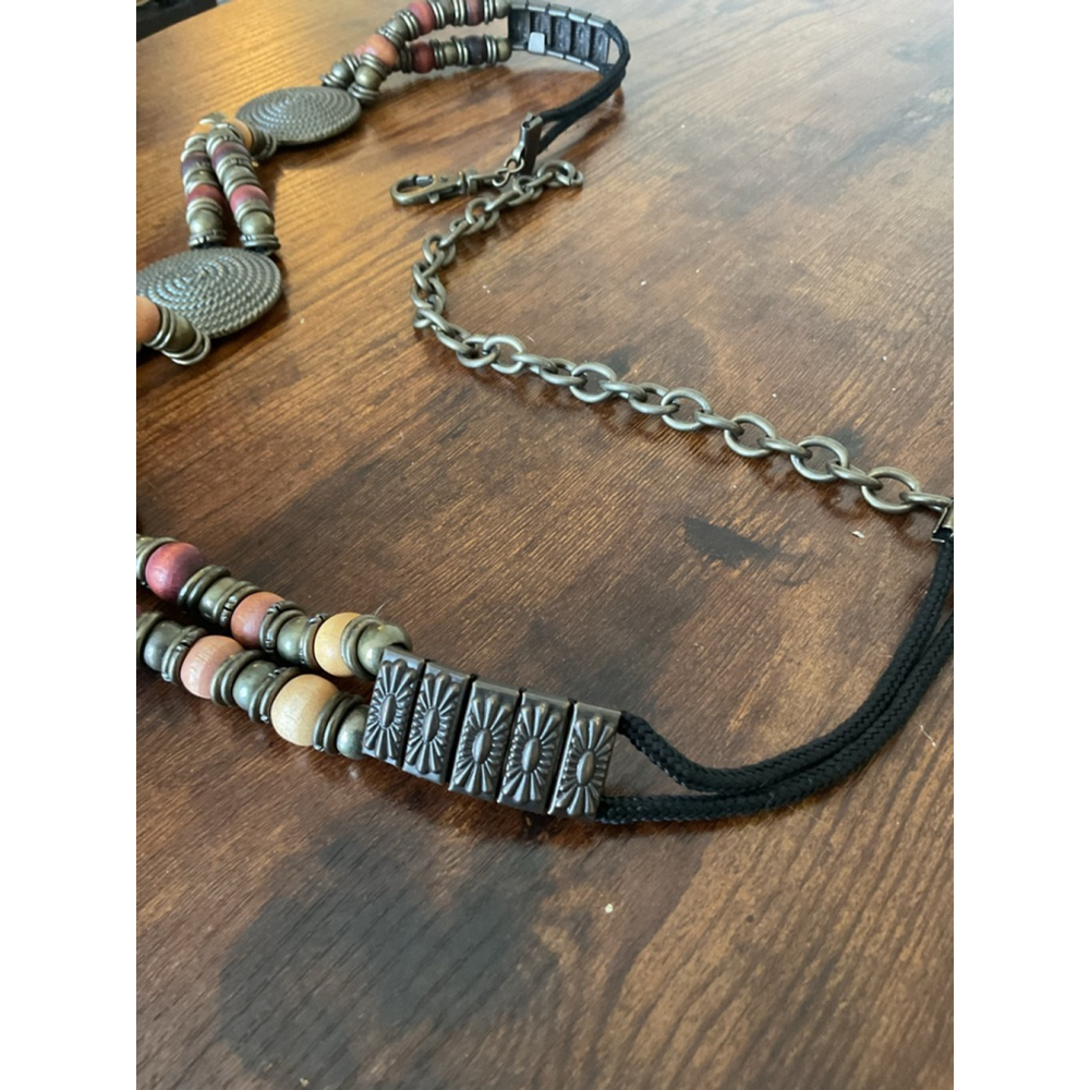 Boho Beaded Belt vintage Brassconcho medallion Wood Bead adjustable Waist Belt - Picture 5 of 16